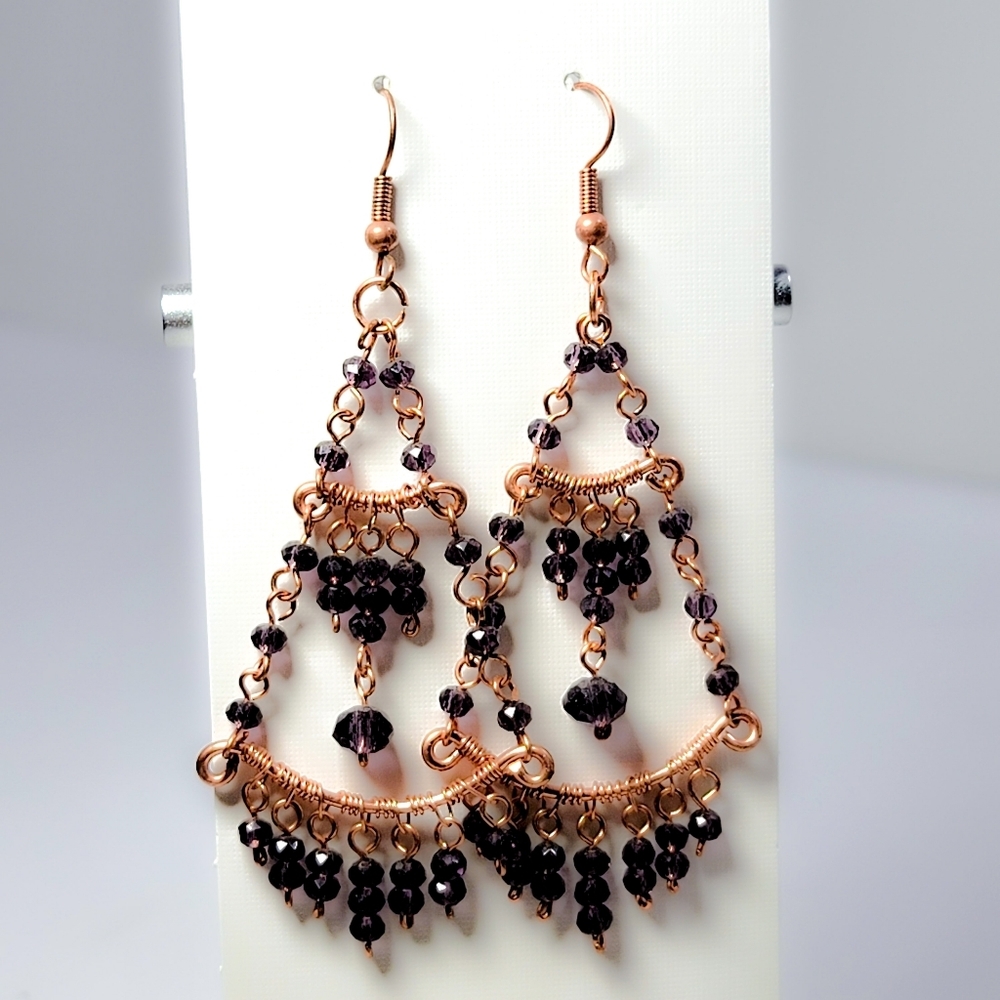 Handcrafted Copper & Amethyst Crystal Chandelier Earrings - Picture 5 of 6